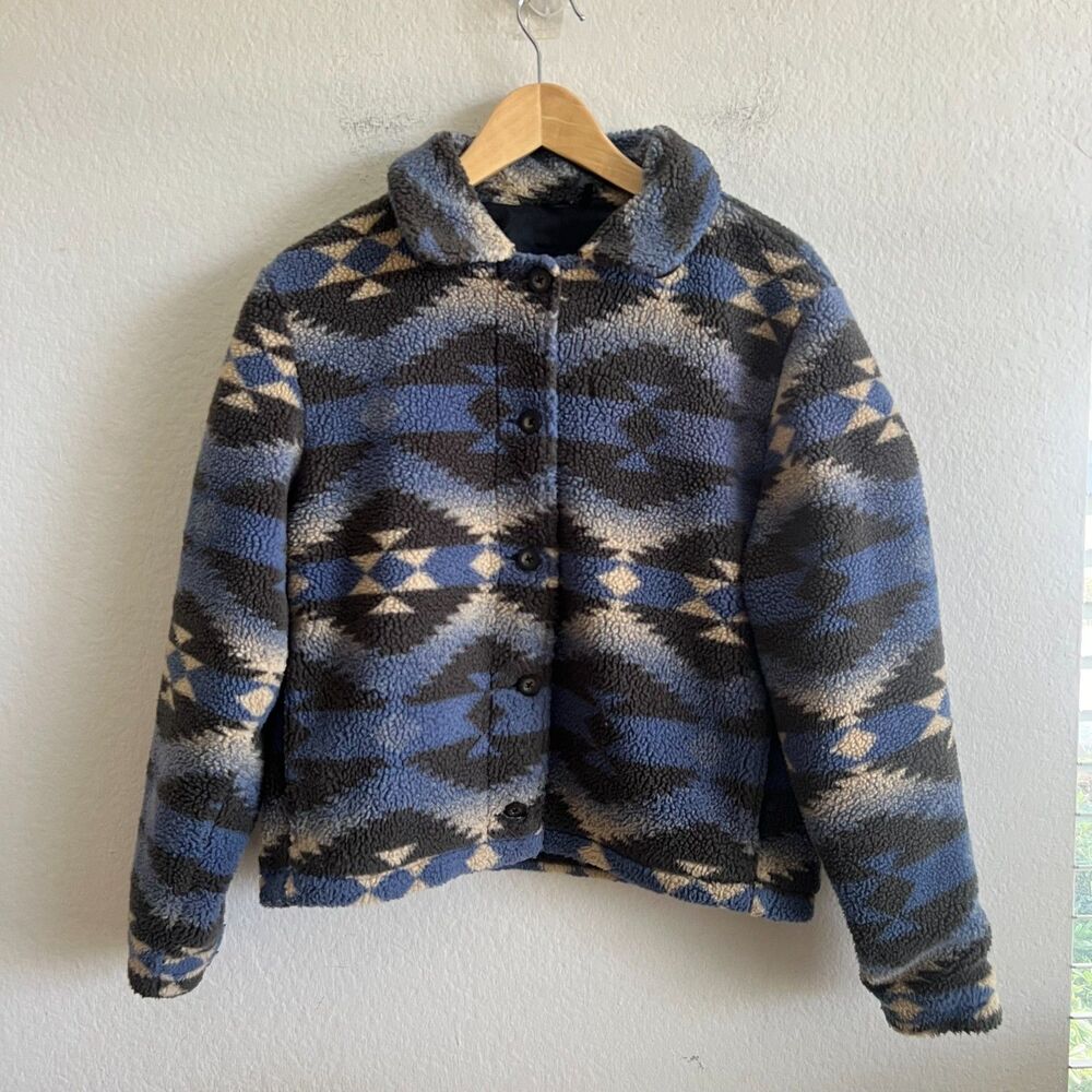 WOOLRICH Vtg Sherpa Aztec Fleece Deep Pile Blue Black Jacket Coat Womens Medium